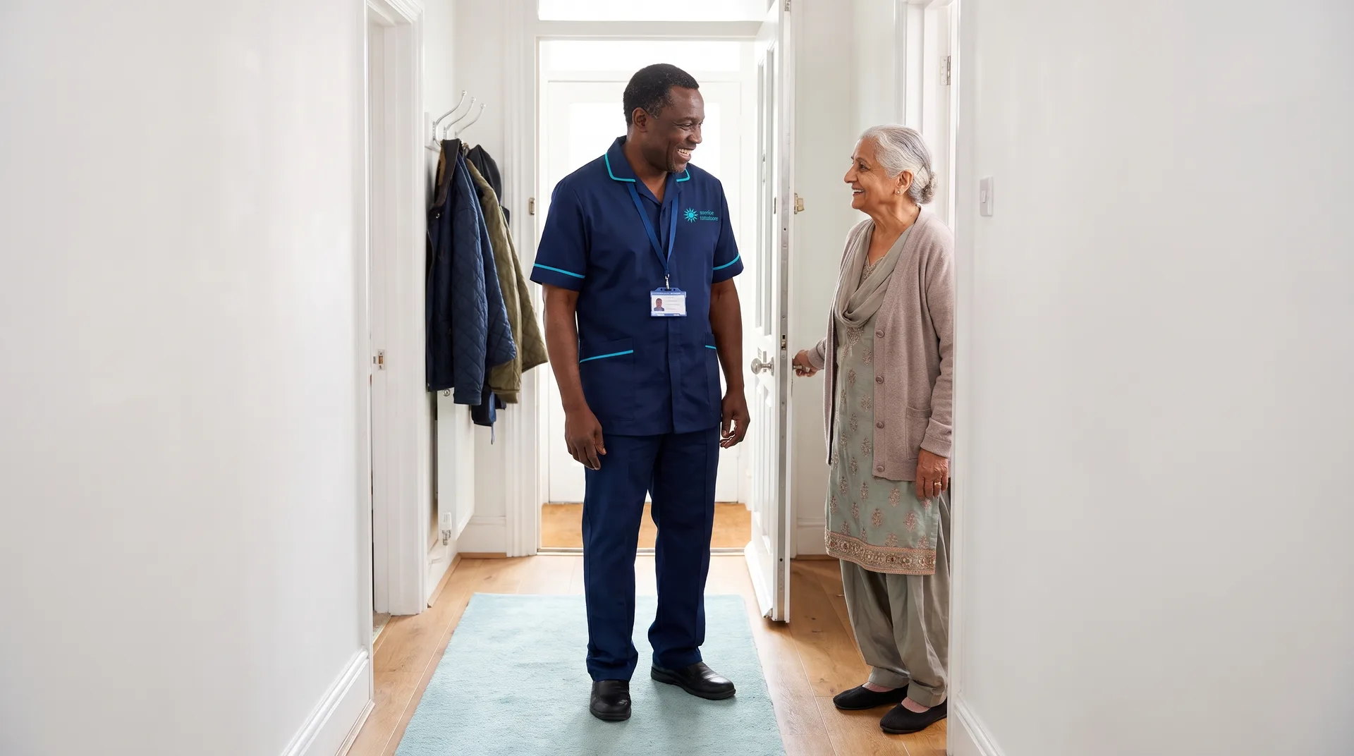 Familiar Sunrise Total Care carer arriving at an older woman's front door for her regular home care visit