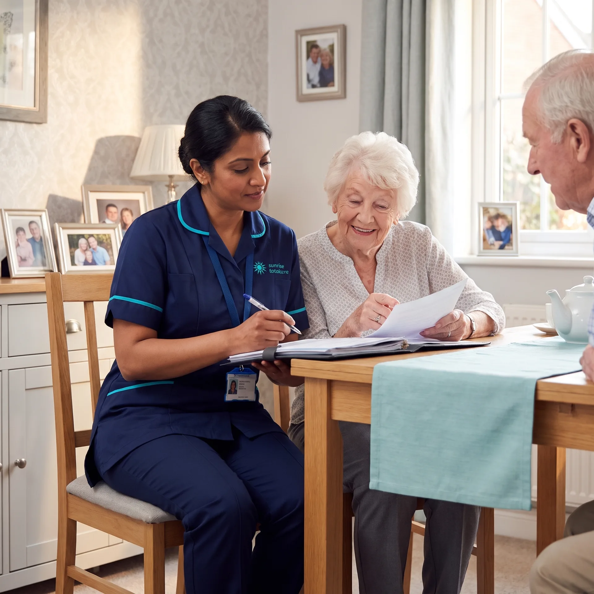 Sunrise Total Care manager listening to an older couple at home while planning personalised home care together