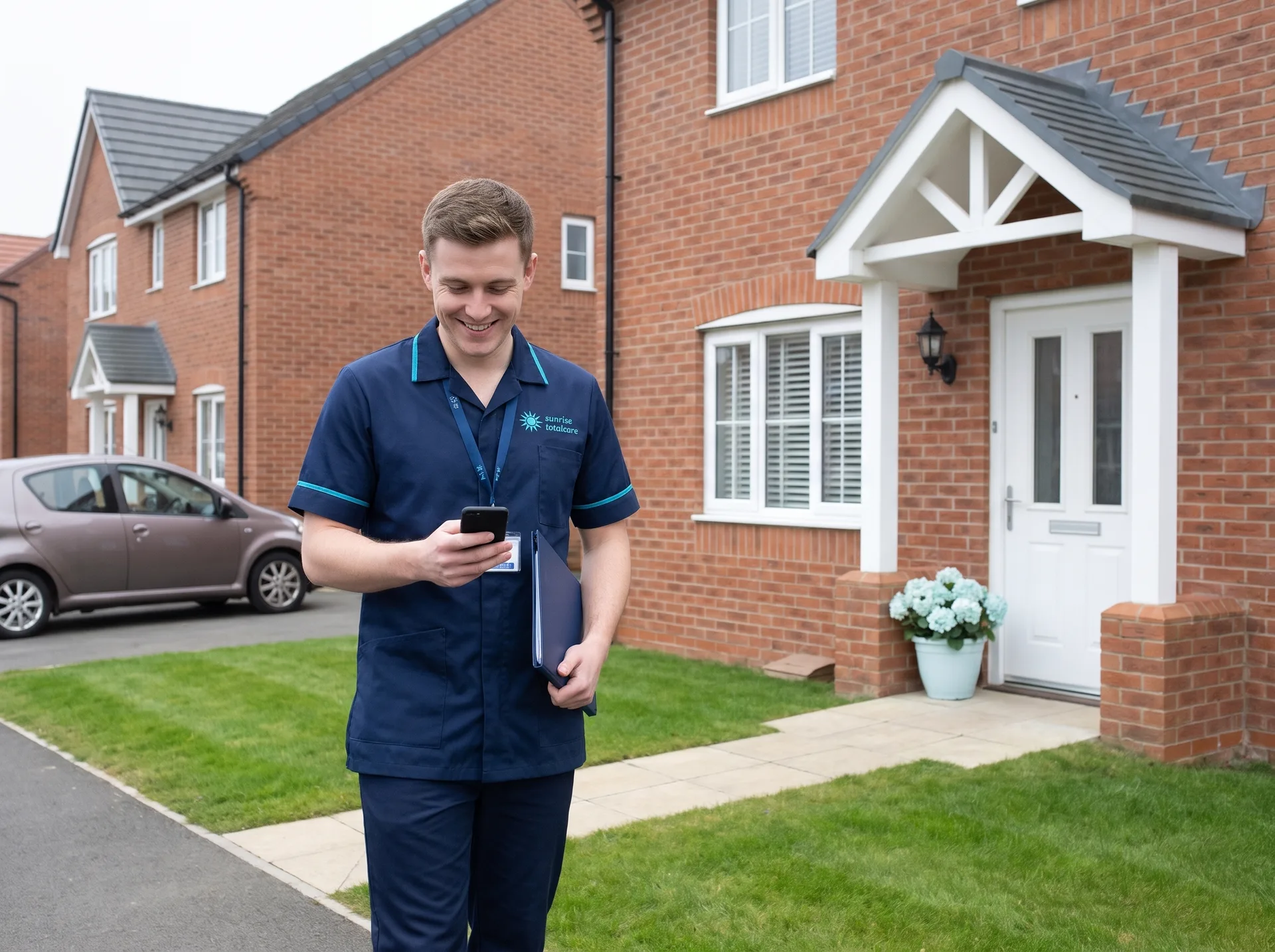 Sunrise Total Care carer arriving on time for a home visit in a quiet Bedfordshire residential street
