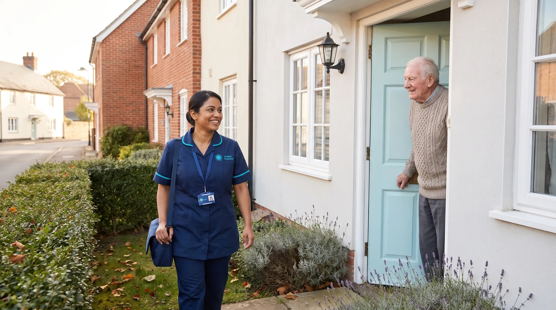 Sunrise Total Care carer arriving at an older man's cottage for a home care visit in a Bedfordshire village