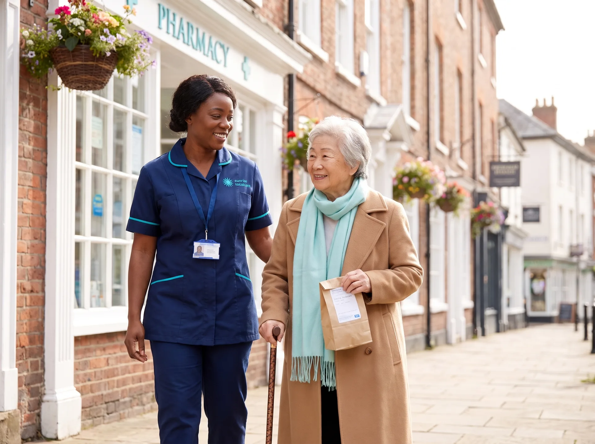 Local home care worker accompanying an older woman to the pharmacy on a Bedfordshire market town high street