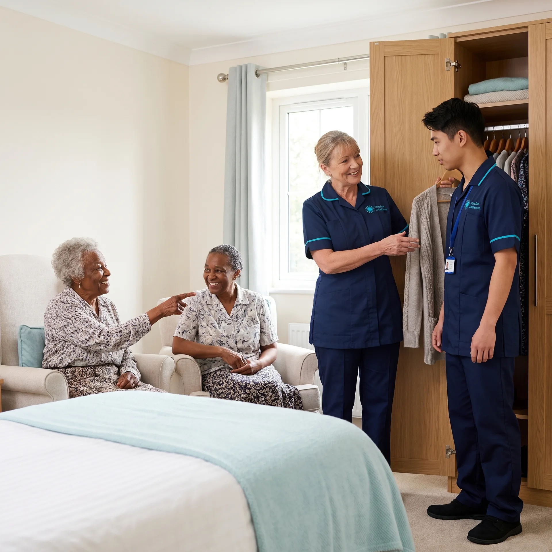 Senior carer mentoring a new Sunrise Total Care worker on a shadow shift as an older woman chooses her cardigan
