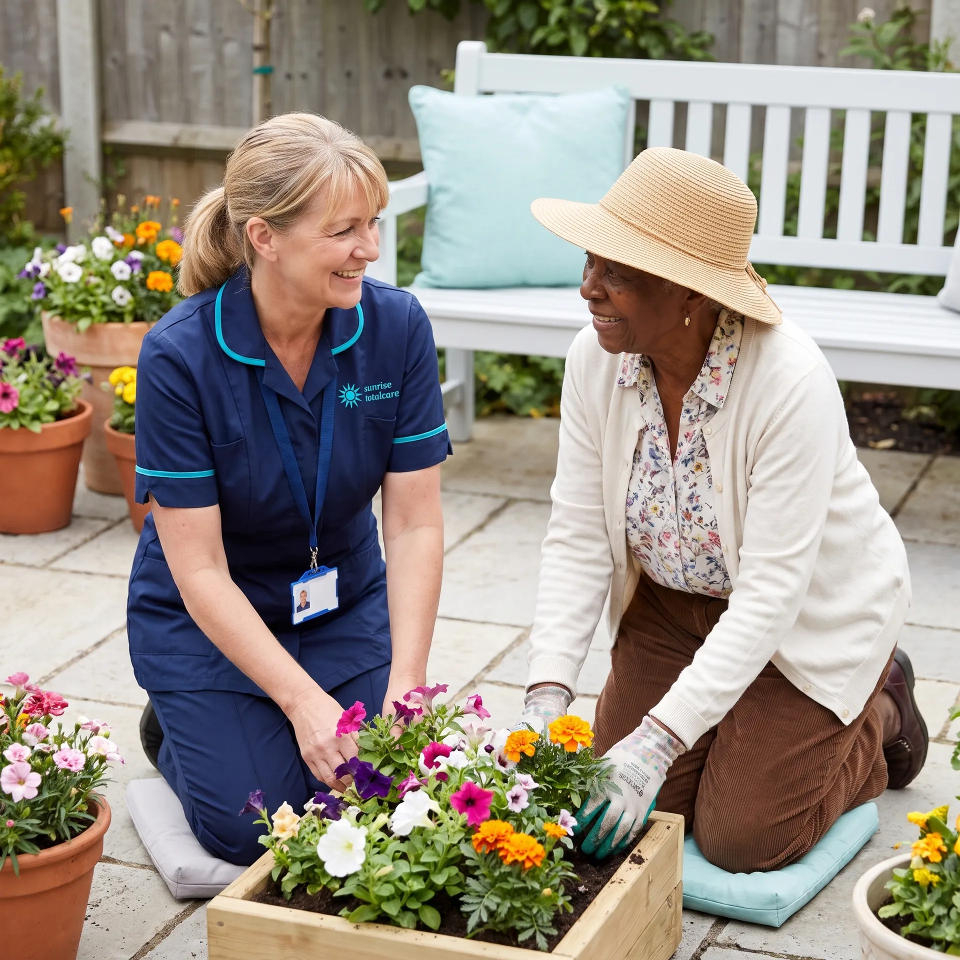 Companion carer from Sunrise Total Care planting flowers with an older woman in her back garden, sharing a favourite hobby