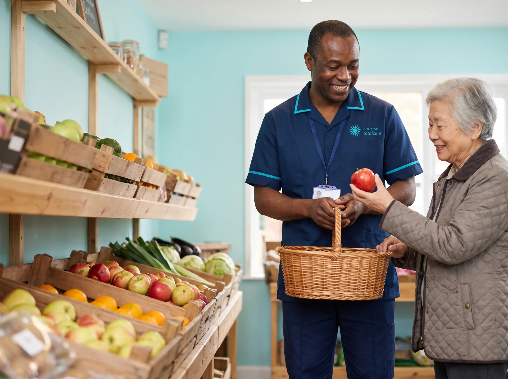 Sunrise Total Care carer helping an older woman with her food shopping at a local village greengrocer