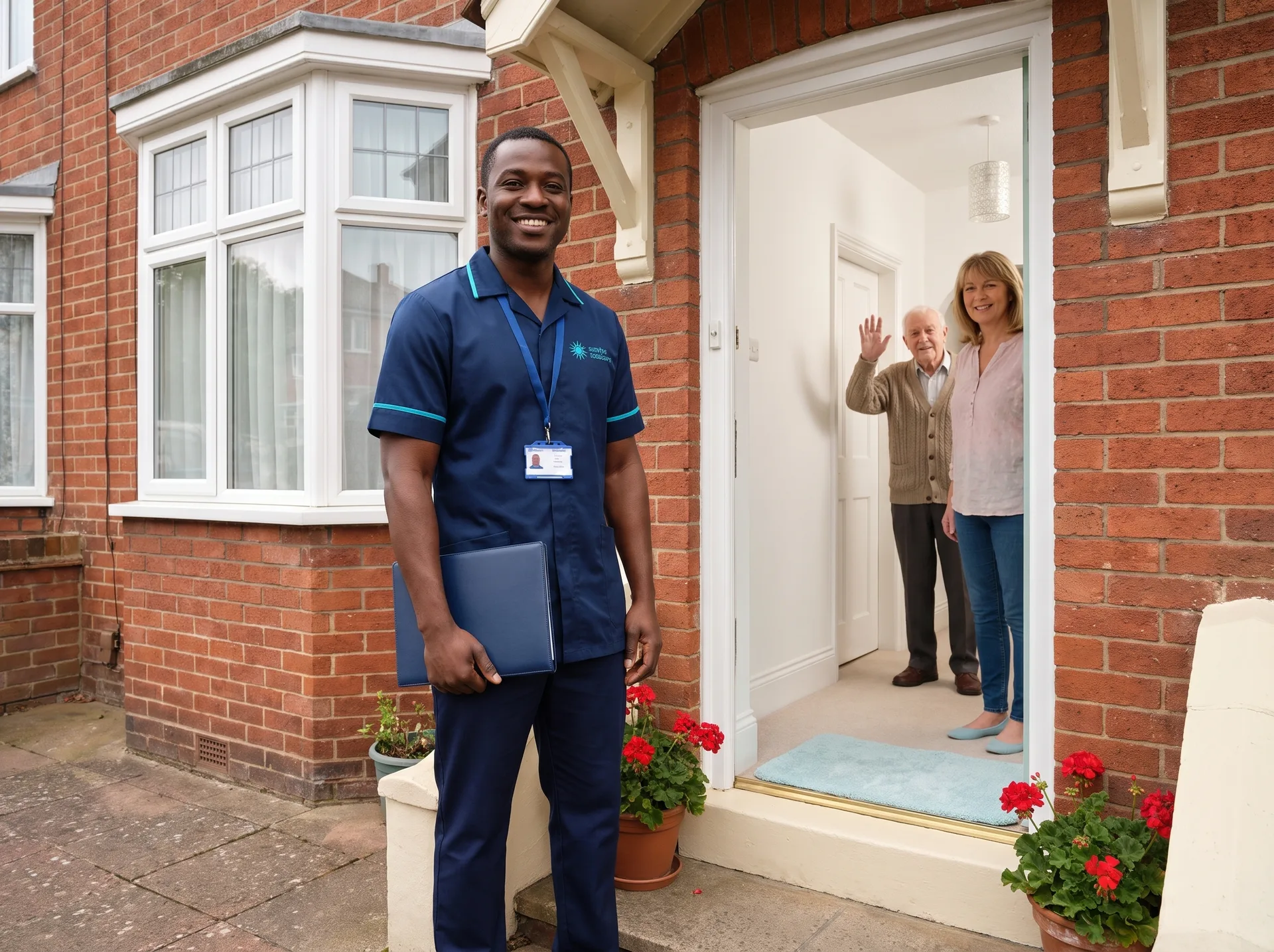 Sunrise Total Care carer welcomed at the front door for a home care assessment visit with a family in Bedfordshire