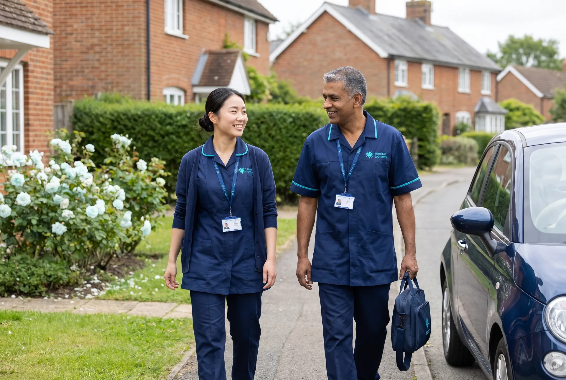 Two Sunrise Total Care carers walking to their next home care visit in a Bedfordshire village