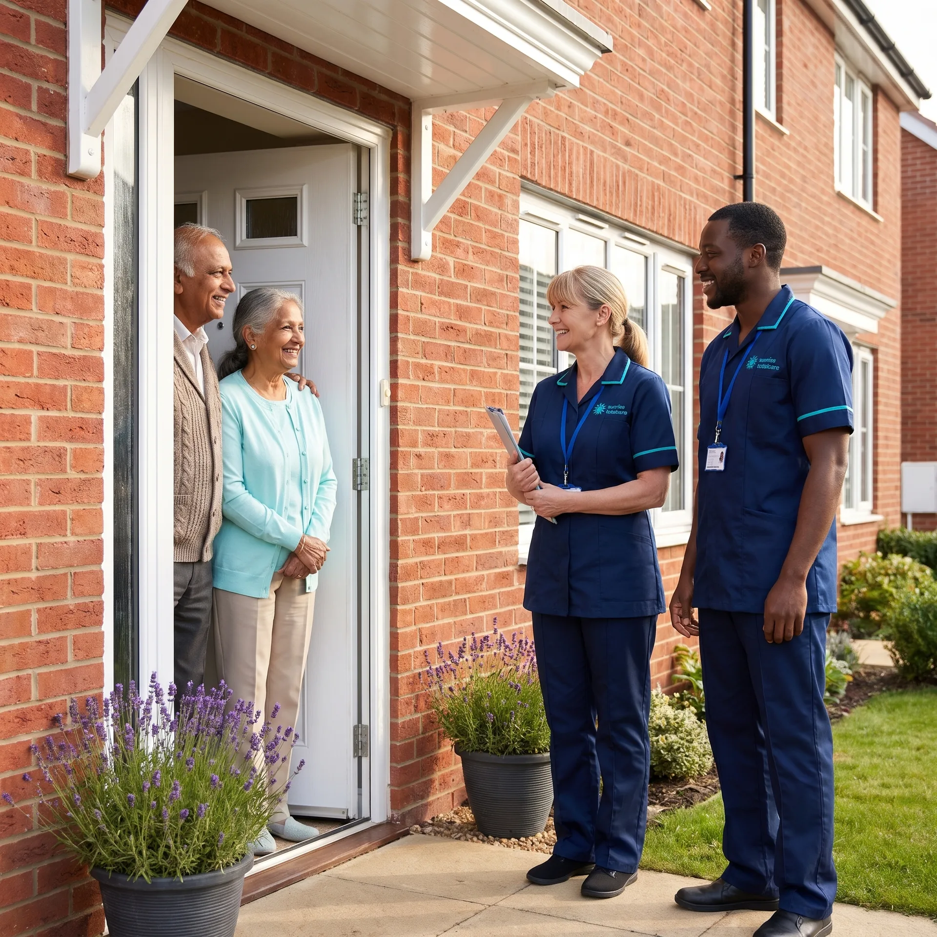 Two Sunrise Total Care carers welcomed by an older couple at their front door for a home care assessment and quote