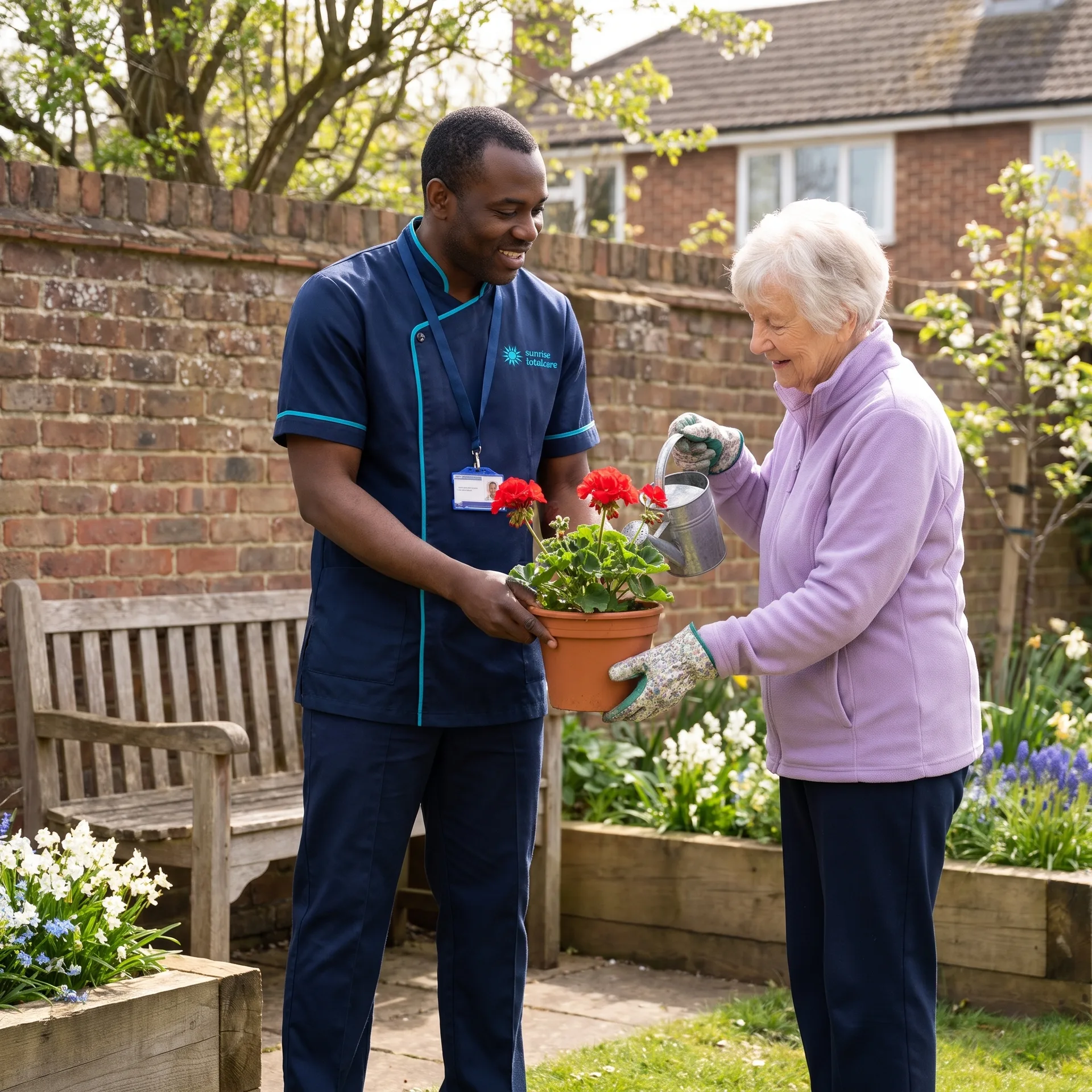 Older woman with dementia watering her garden plants at home with support from a Sunrise Total Care carer