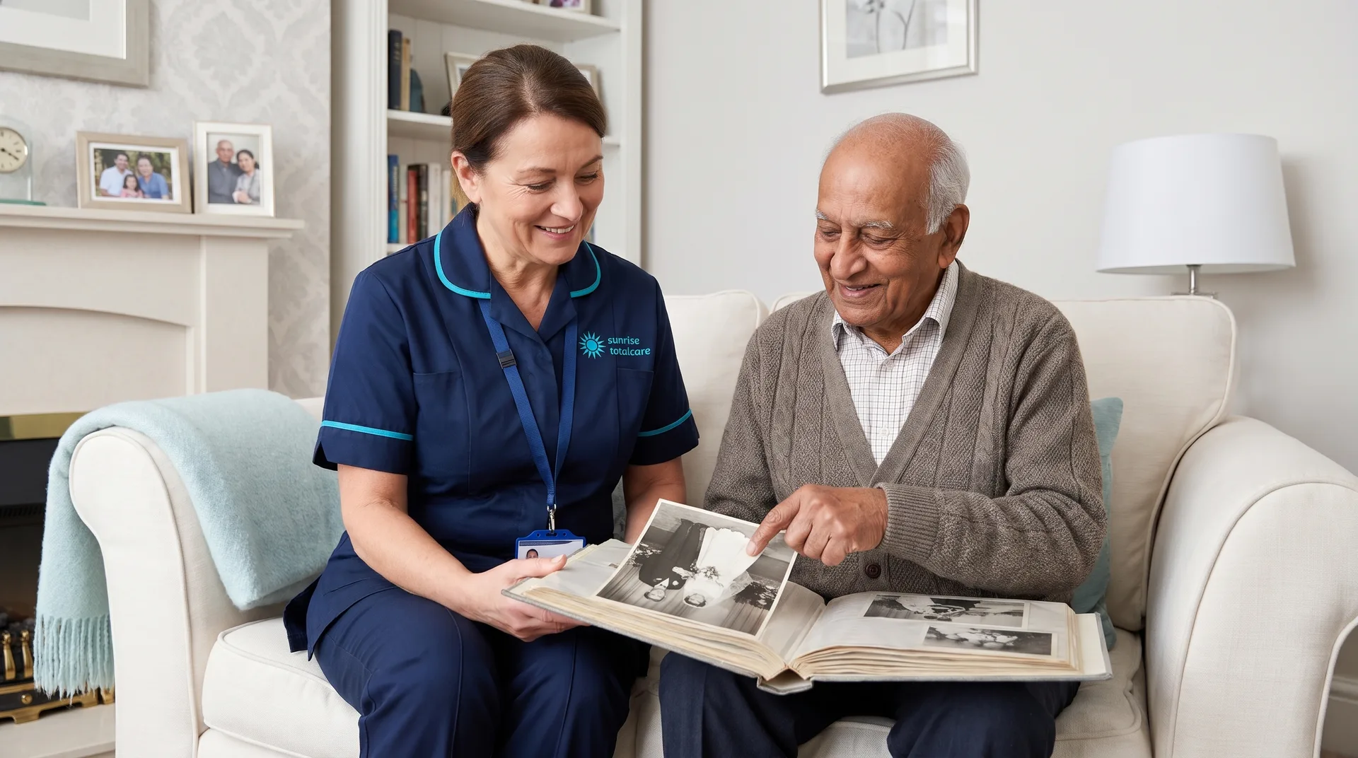 Sunrise Total Care carer looking through a family photo album with an older man living with dementia at home
