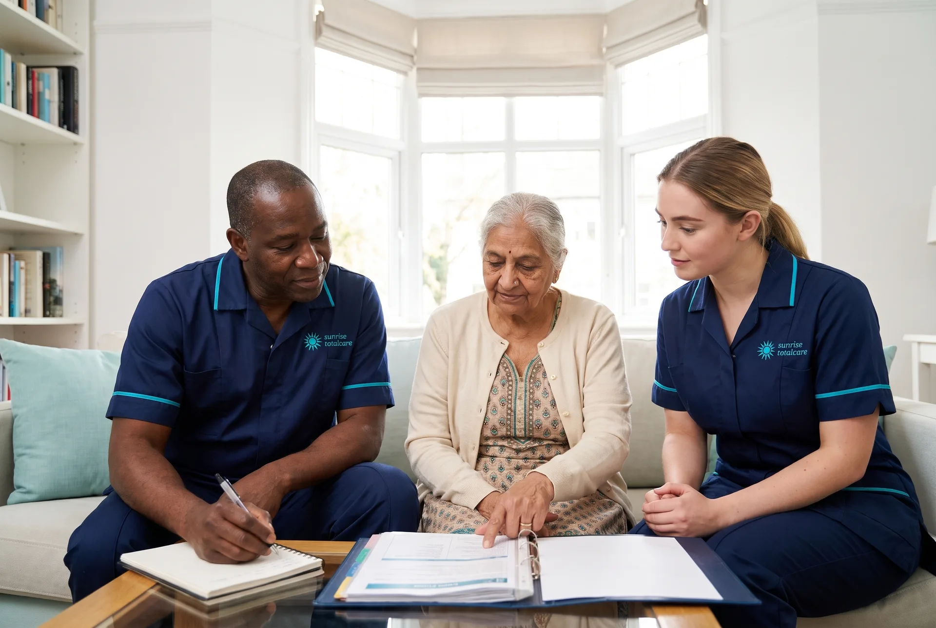 Sunrise Total Care carers reviewing a care plan with an older woman at home after listening to her feedback
