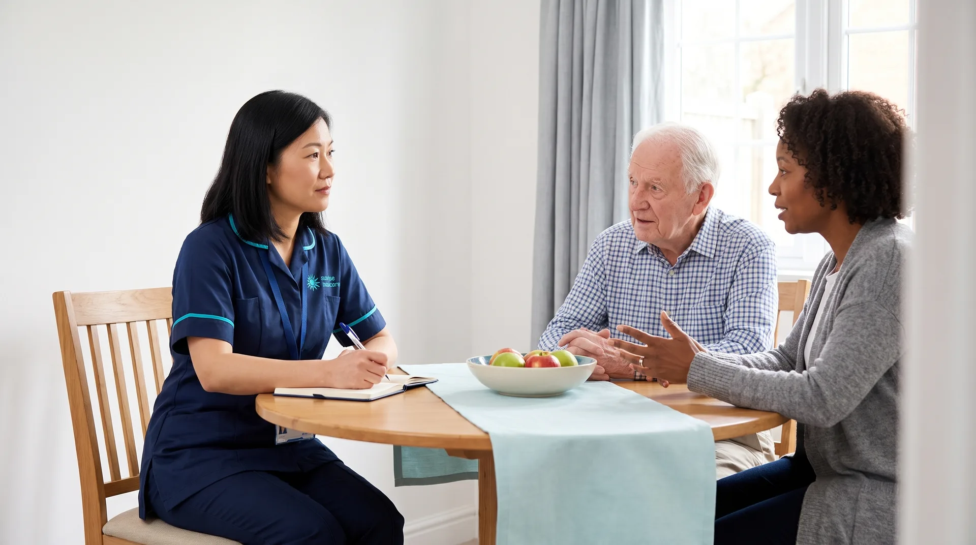 Sunrise Total Care manager listening to feedback from an older man and his daughter at home in Bedfordshire