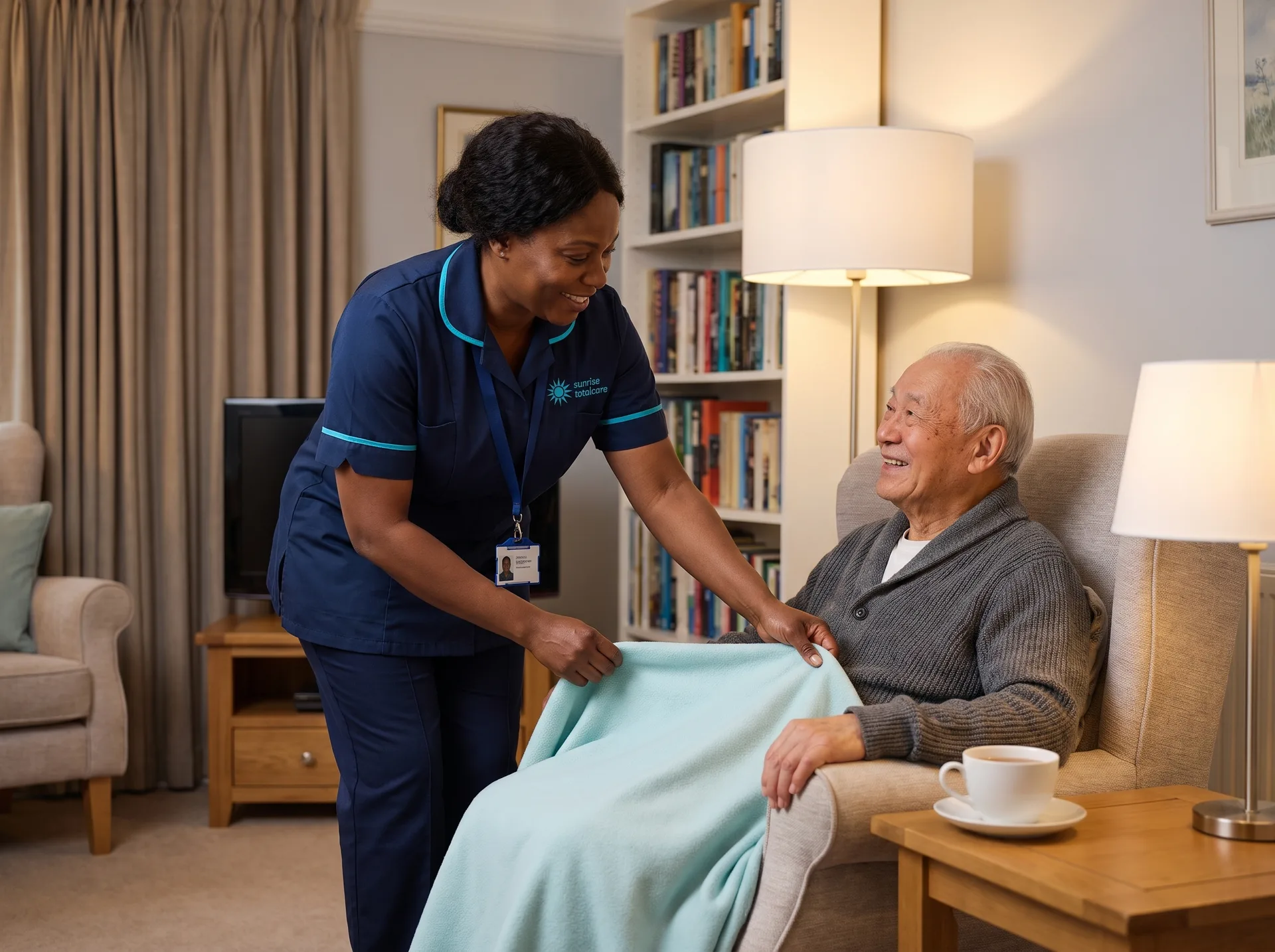 Sunrise Total Care carer settling an older man in his armchair during an evening home care visit