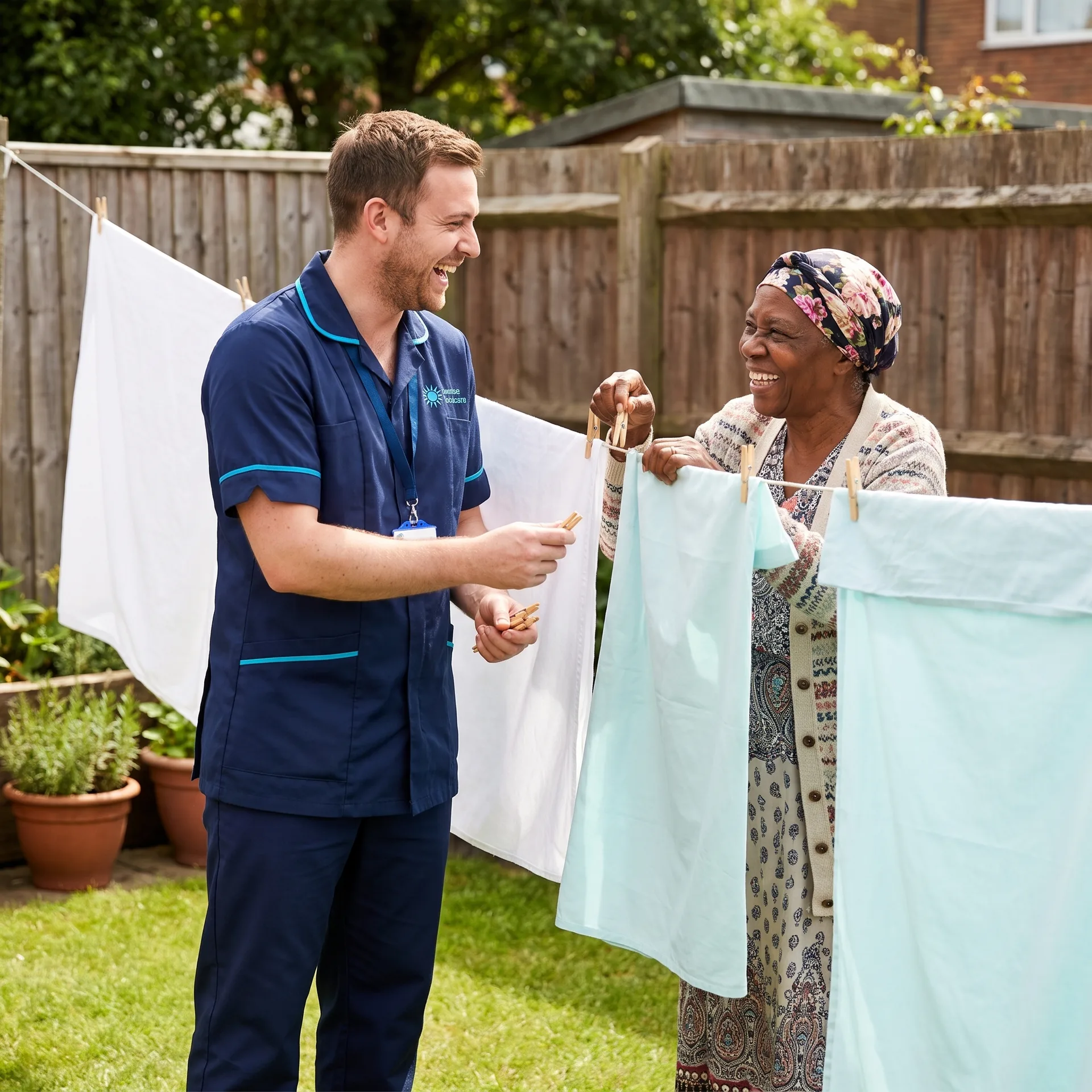 Carer helping an older woman hang out her washing her own way during a personalised domiciliary care visit