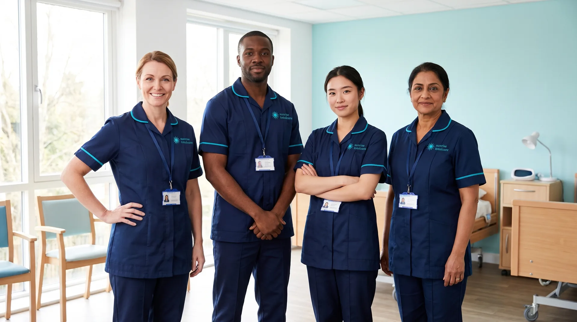 Diverse team of Sunrise Total Care carers in branded uniforms smiling together in a bright training room