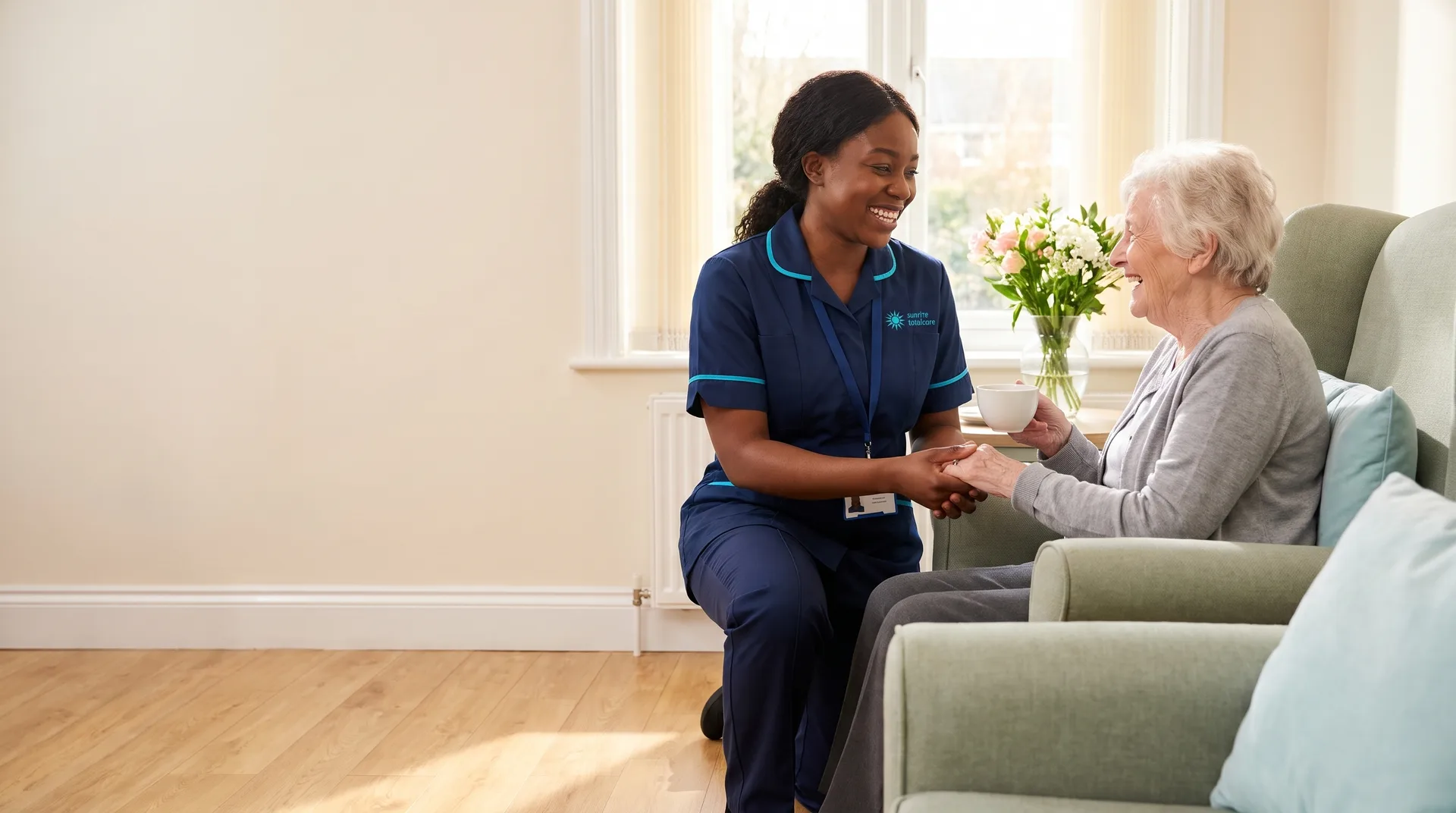 Smiling care worker from Sunrise Total Care sharing a cup of tea with an elderly woman in her living room in Bedfordshire
