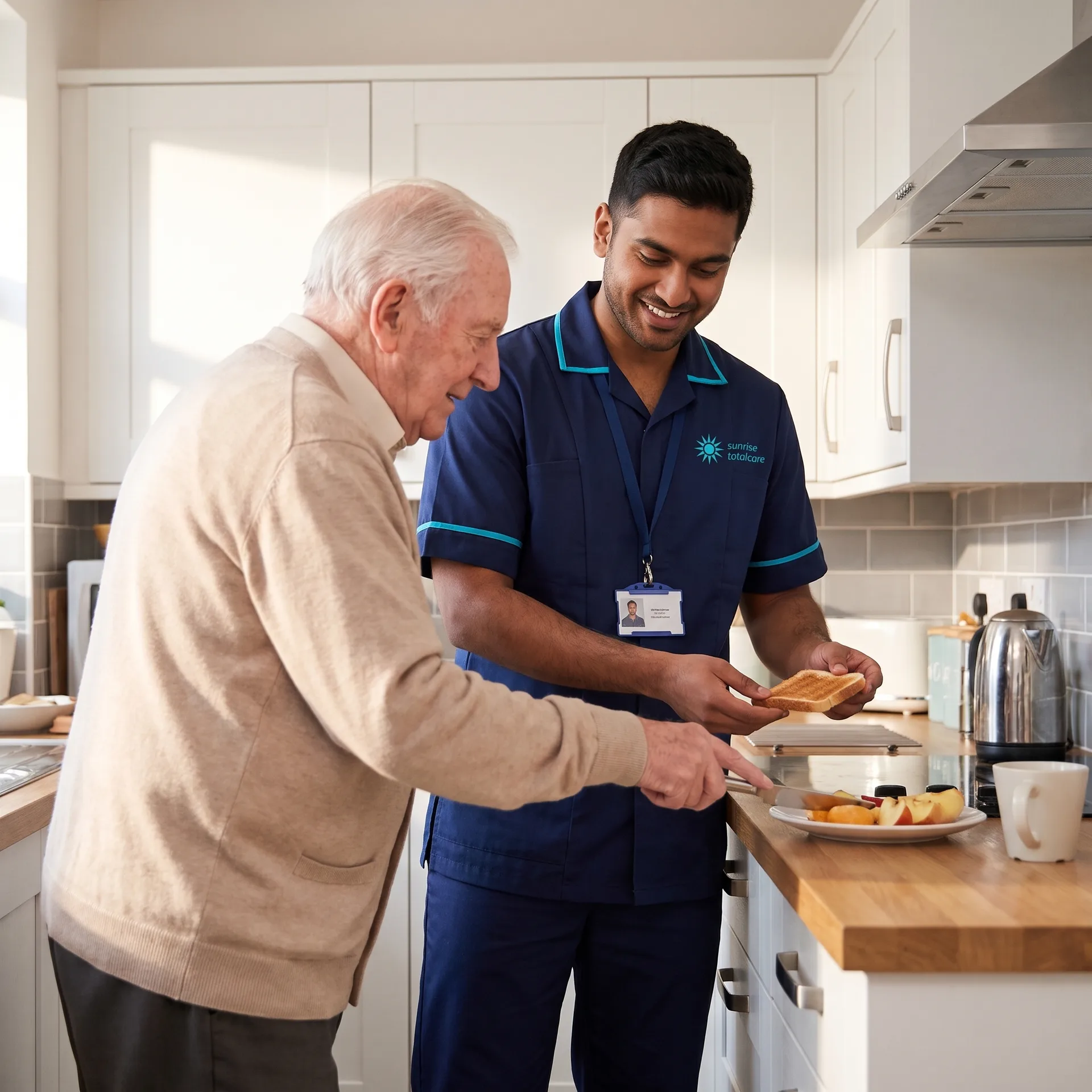 Sunrise Total Care carer supporting an older man to prepare his own breakfast at home, encouraging independence