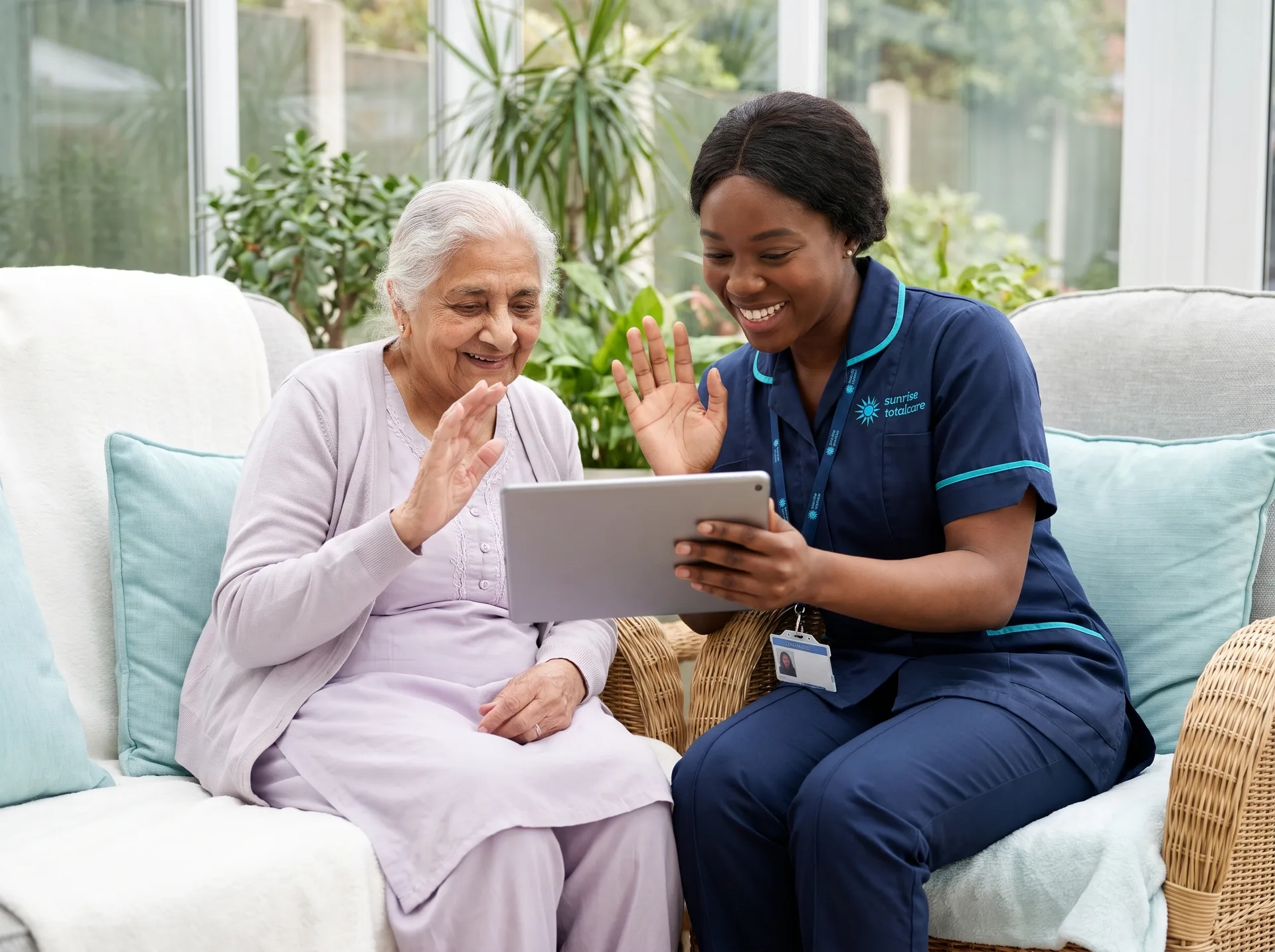Home care worker helping an older woman video call her family so relatives stay informed about her care