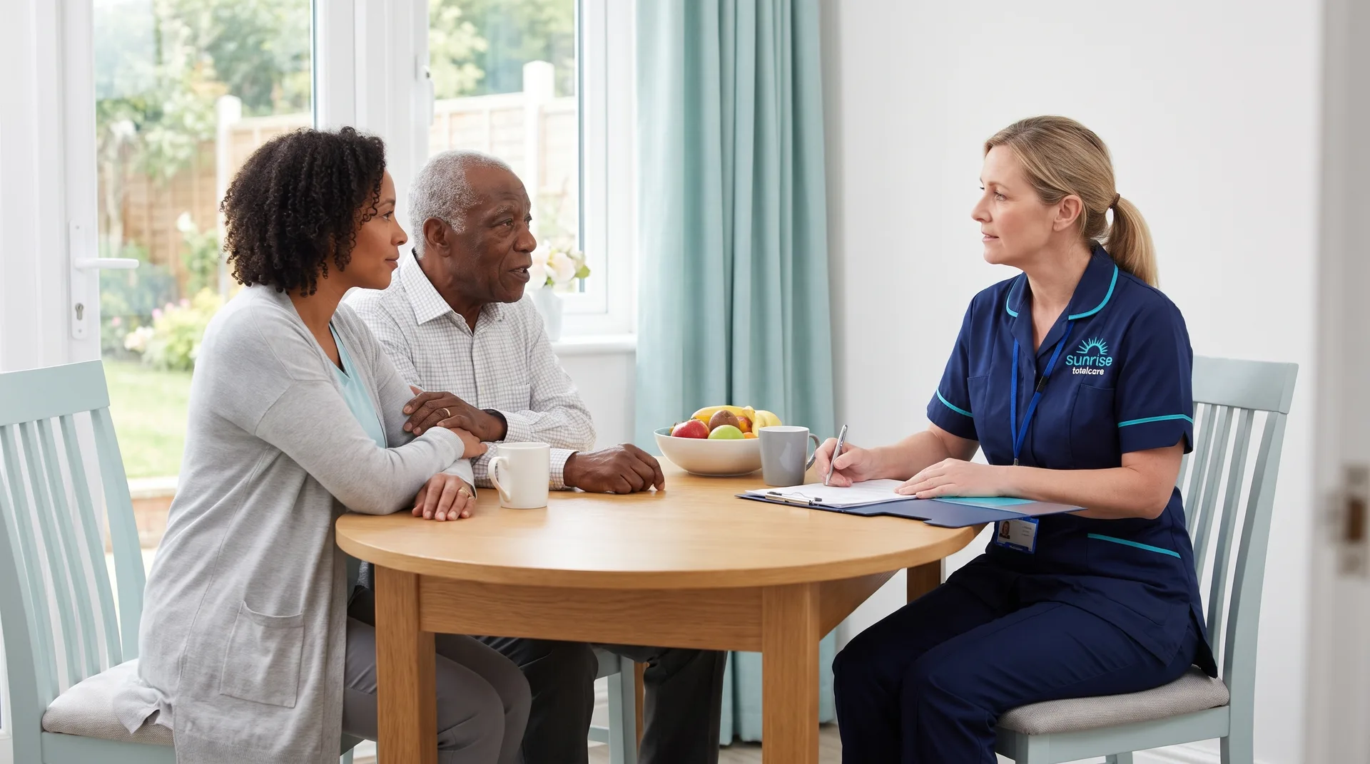 Sunrise Total Care senior carer completing a home care assessment with an older man and his daughter at home