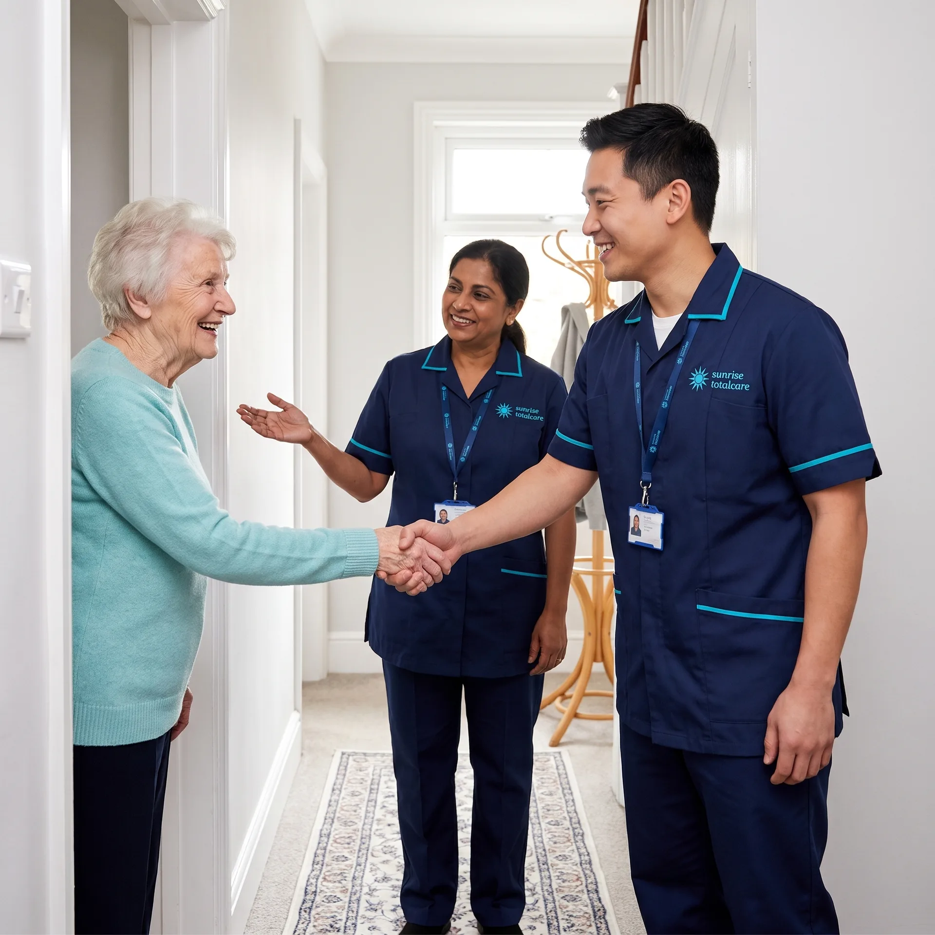Care coordinator introducing a new matched carer to an older woman at her front door before care begins