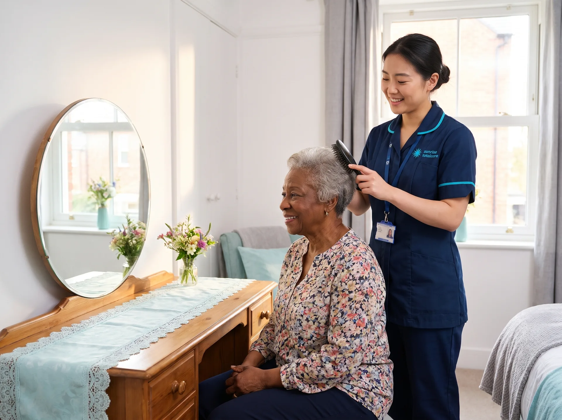 Trained Sunrise Total Care carer gently brushing an older woman's hair at her dressing table during a personal care visit