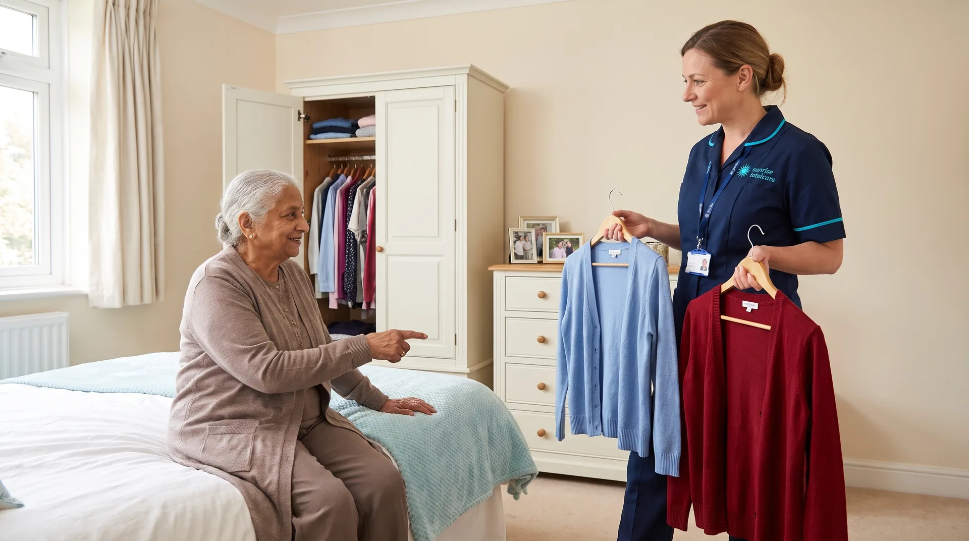 Sunrise Total Care carer helping an older woman choose her clothes for the day as part of personal care at home