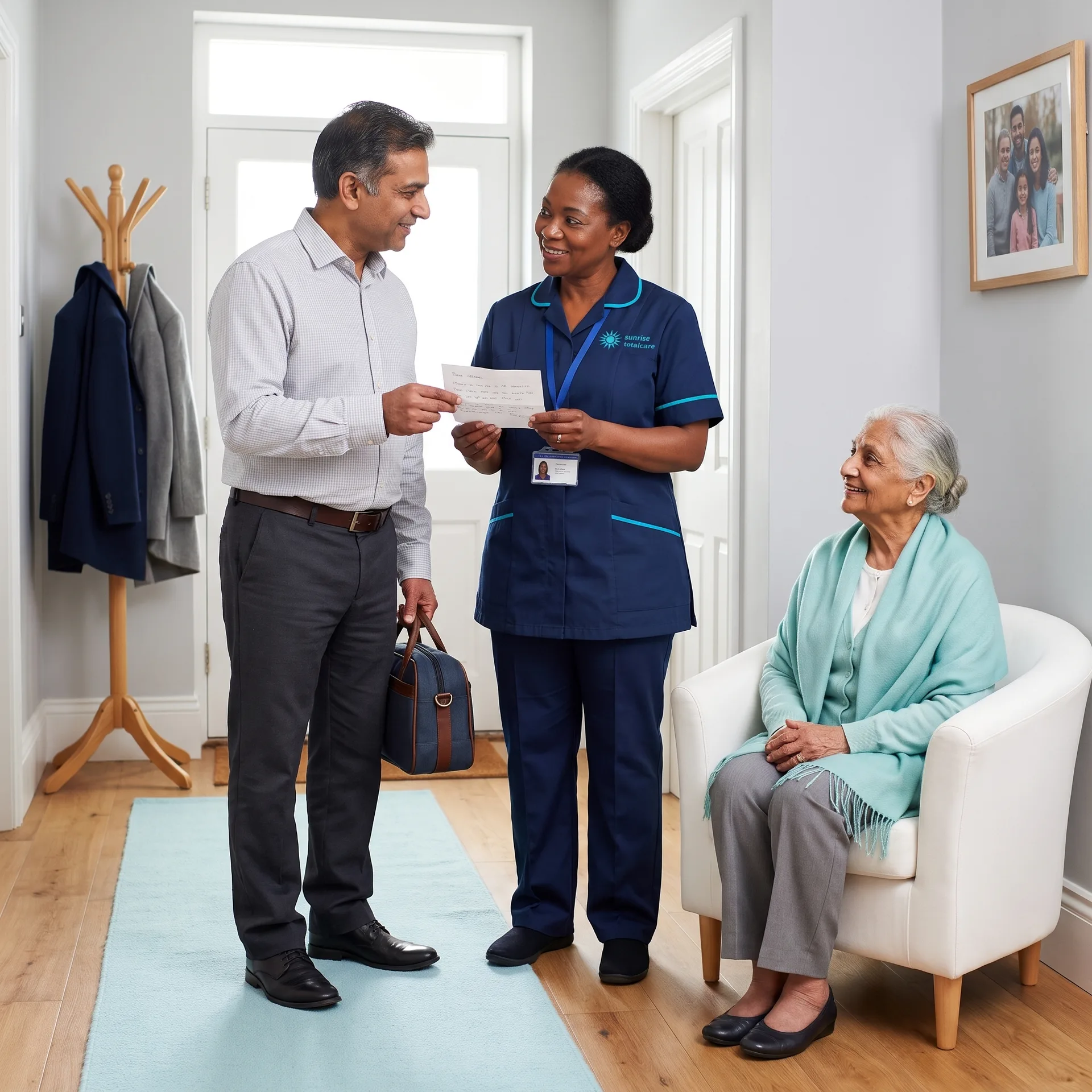 Family carer talking through his mother's routine with a Sunrise Total Care carer before a planned respite break