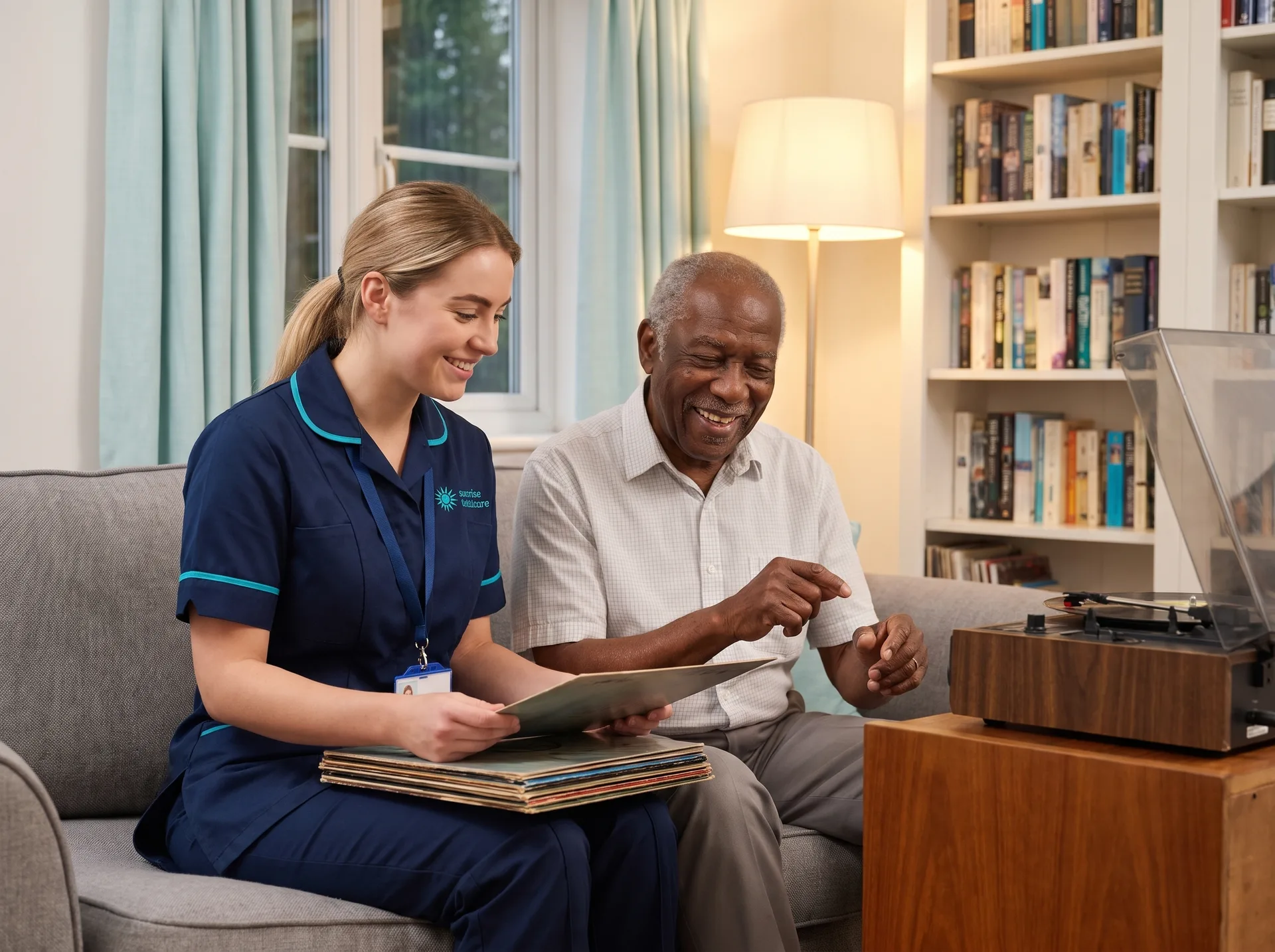 Sunrise Total Care carer sharing favourite records with an older man at home during a respite care visit