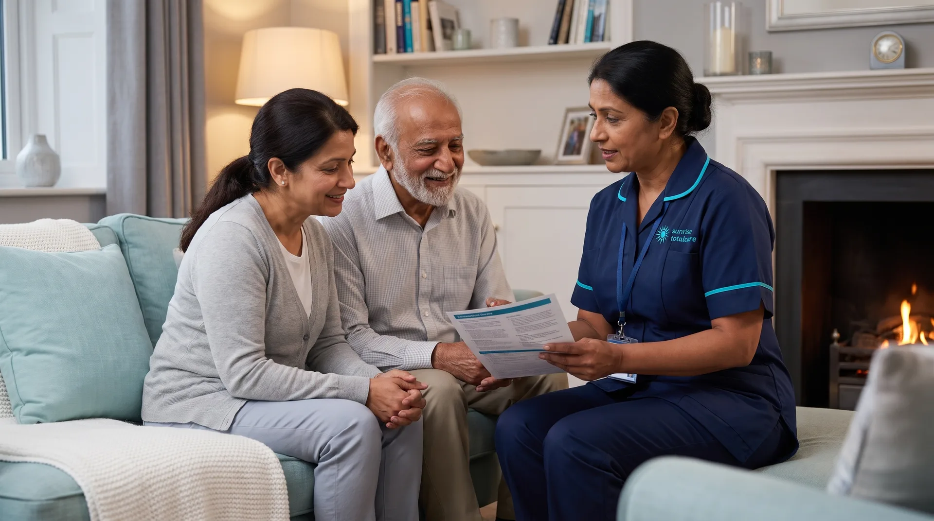 Sunrise Total Care carer talking through home care services with an older man and his daughter in their sitting room